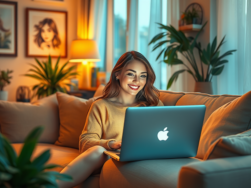 Earn Income with a Beauty Business from Anywhere 1 happy women working from her cozy sofa and selling beauty